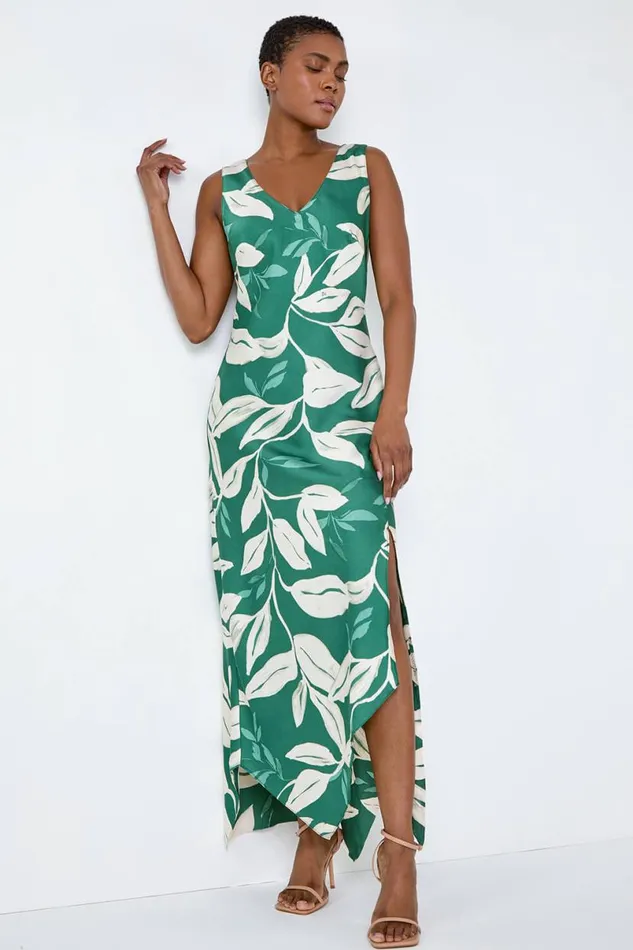 Green Leaf Print Satin Midi Dress Women Roman Dresses