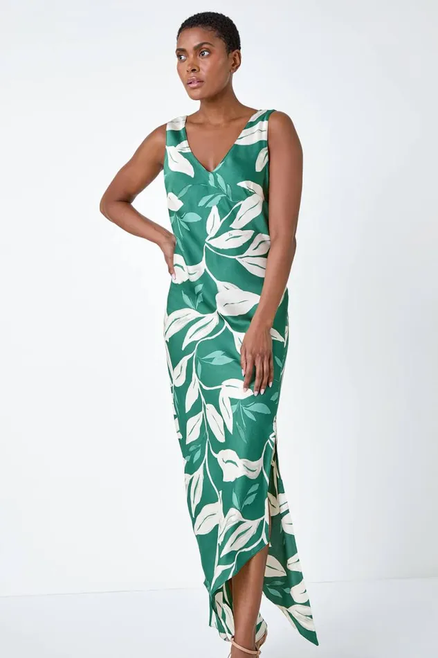 Green Leaf Print Satin Midi Dress Women Roman Dresses