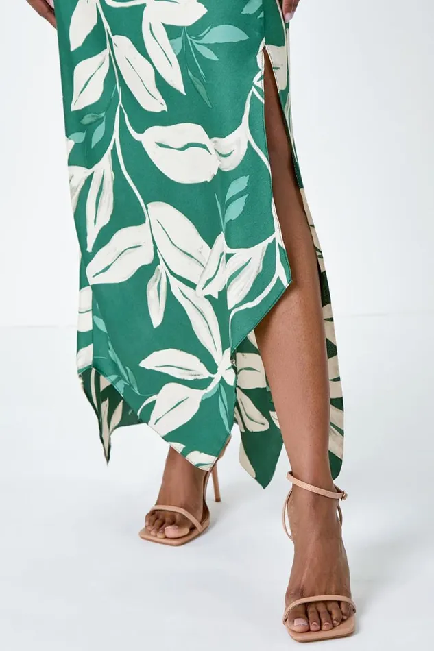 Green Leaf Print Satin Midi Dress Women Roman Dresses