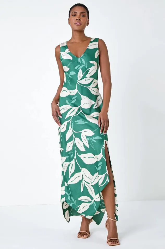 Green Leaf Print Satin Midi Dress Women Roman Dresses