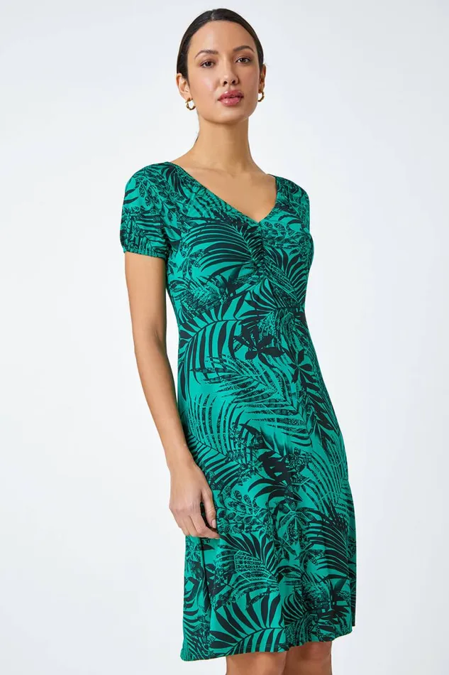 Green Leaf Print Stretch Ruched Dress Women Roman Dresses