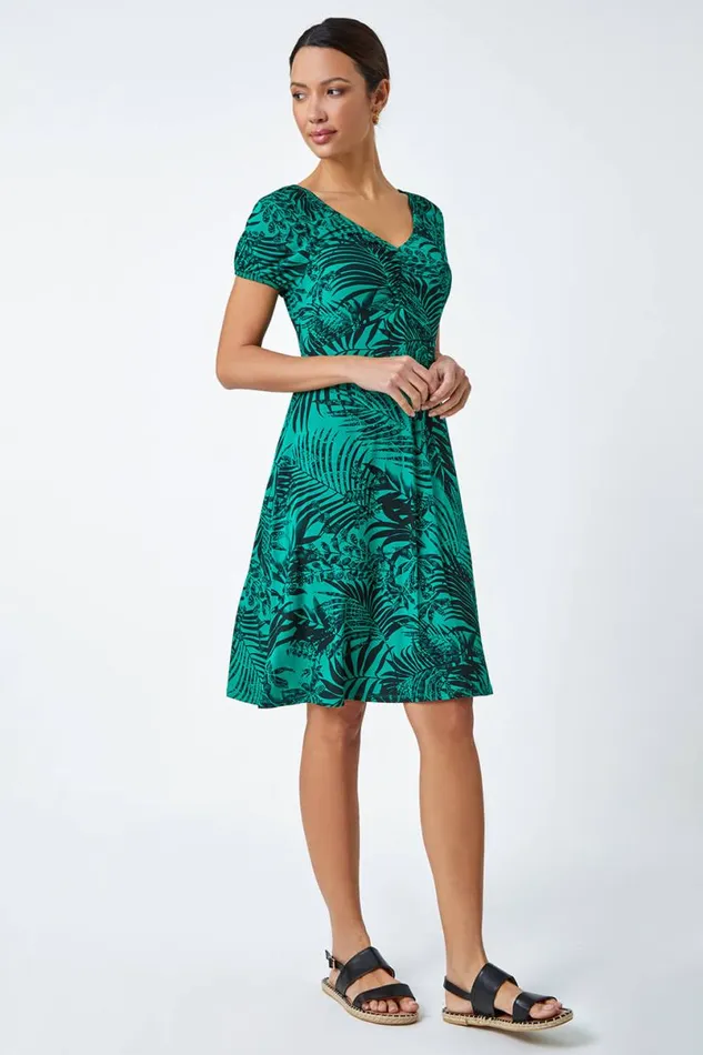 Green Leaf Print Stretch Ruched Dress Women Roman Dresses