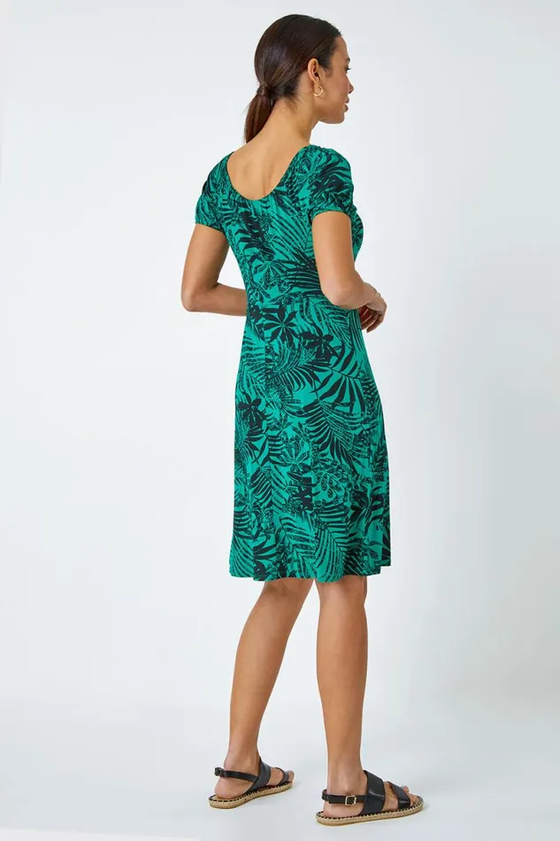 Green Leaf Print Stretch Ruched Dress Women Roman Dresses