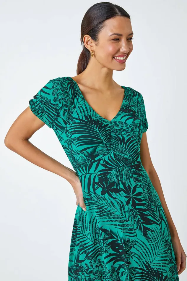 Green Leaf Print Stretch Ruched Dress Women Roman Dresses