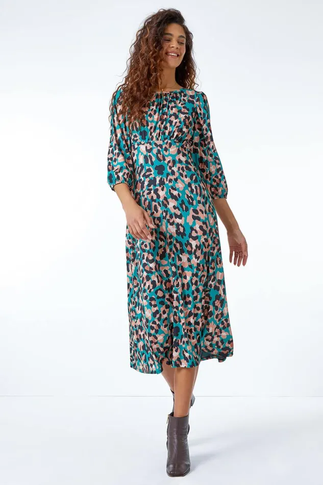 Green Leopard Print Midi Dress Women Roman Dresses