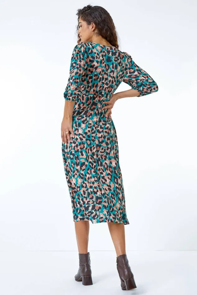 Green Leopard Print Midi Dress Women Roman Dresses