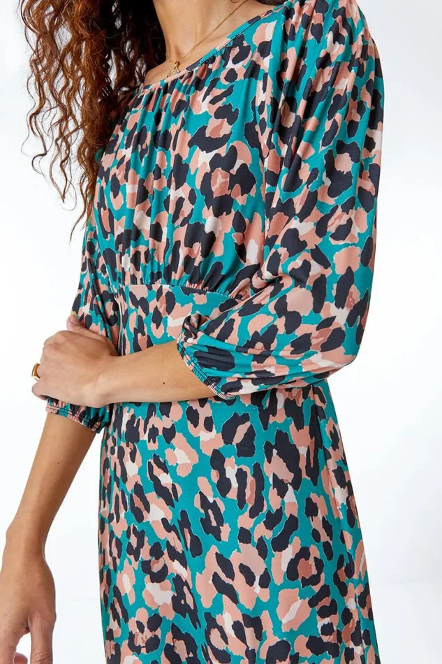 Green Leopard Print Midi Dress Women Roman Dresses