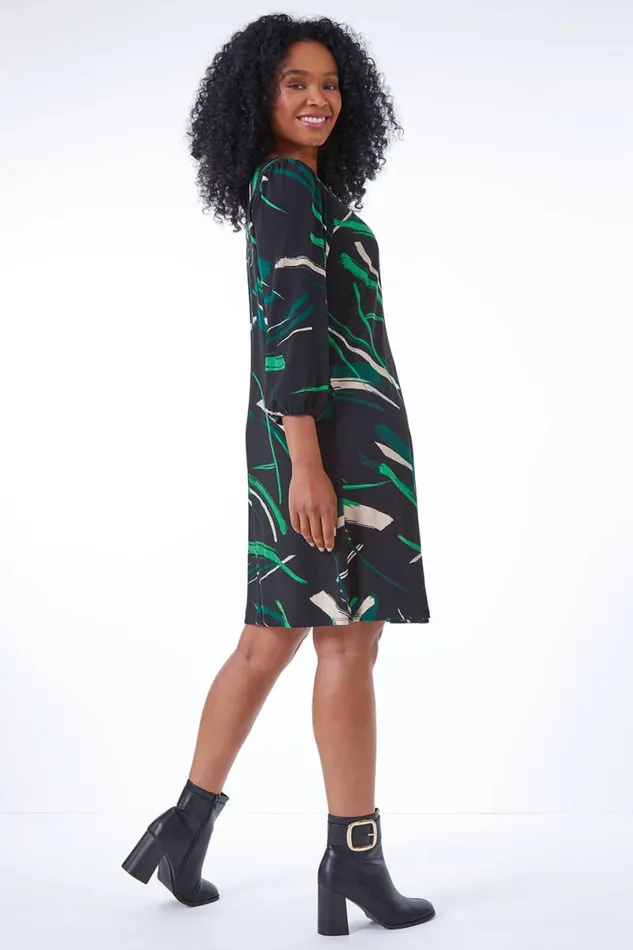 Green Petite Abstract Tunic Dress Women Roman Dresses