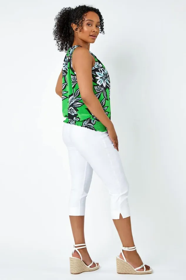 Green Petite Floral Print Halterneck Top Women Roman Tops