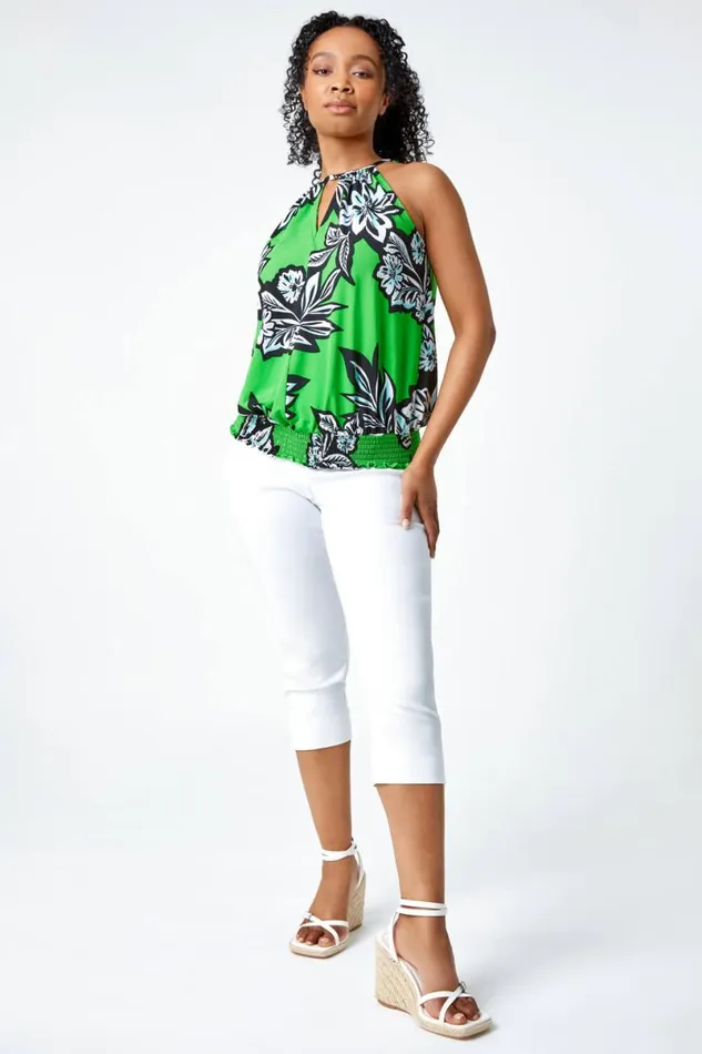 Green Petite Floral Print Halterneck Top Women Roman Tops