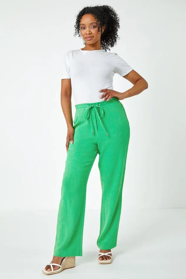 Green Petite Linen Elastic Waist Wide Leg Trouser Women Roman Trousers