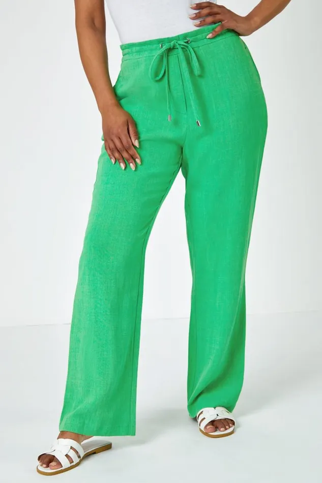 Green Petite Linen Elastic Waist Wide Leg Trouser Women Roman Trousers