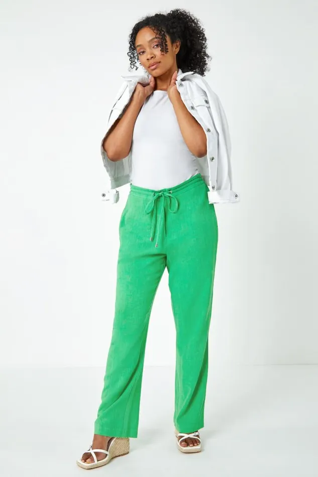 Green Petite Linen Elastic Waist Wide Leg Trouser Women Roman Trousers