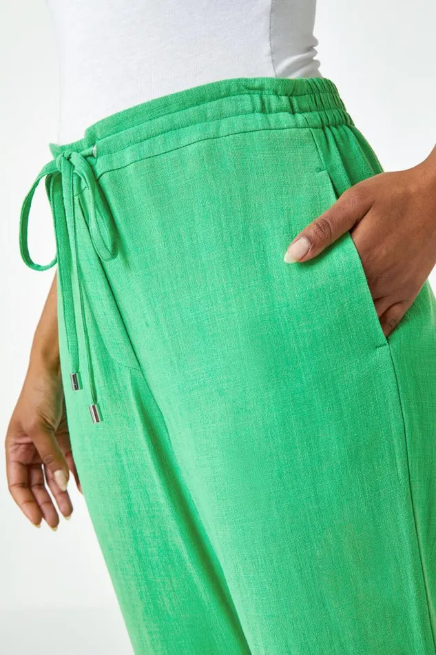 Green Petite Linen Elastic Waist Wide Leg Trouser Women Roman Trousers