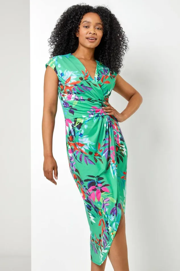 Green Petite Tropical Print Ruched Wrap Dress Women Roman Dresses