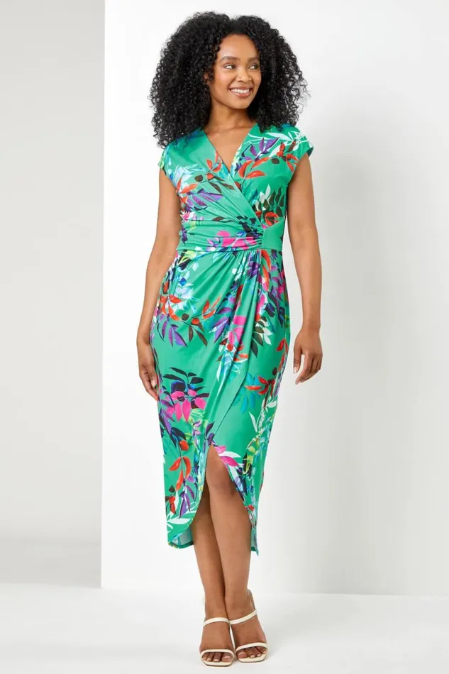 Green Petite Tropical Print Ruched Wrap Dress Women Roman Dresses