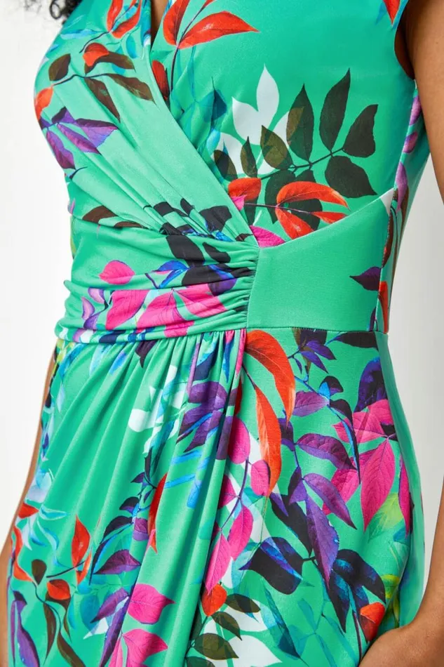 Green Petite Tropical Print Ruched Wrap Dress Women Roman Dresses