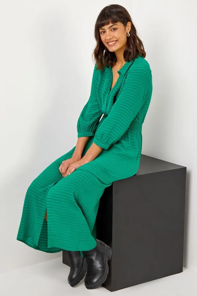Green Textured Midi Shirt Dress Women Roman Dresses