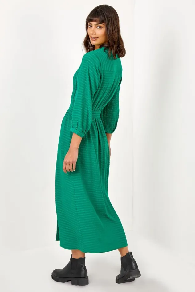 Green Textured Midi Shirt Dress Women Roman Dresses