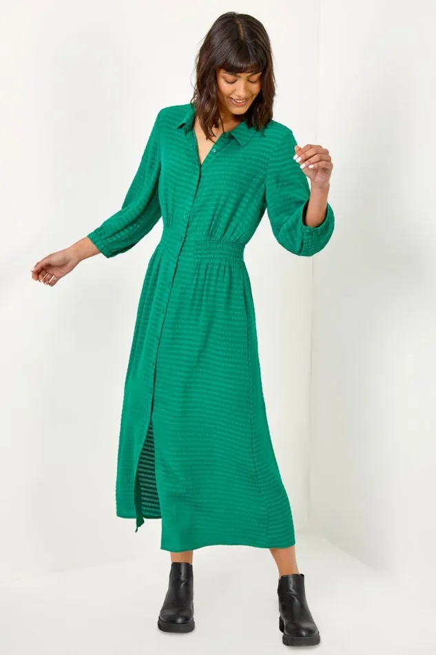 Green Textured Midi Shirt Dress Women Roman Dresses