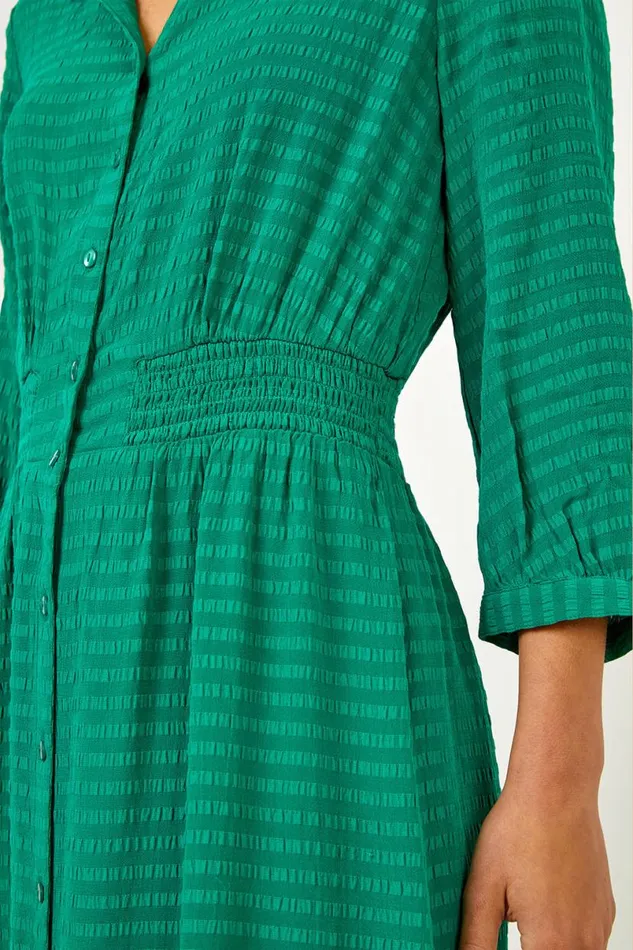 Green Textured Midi Shirt Dress Women Roman Dresses
