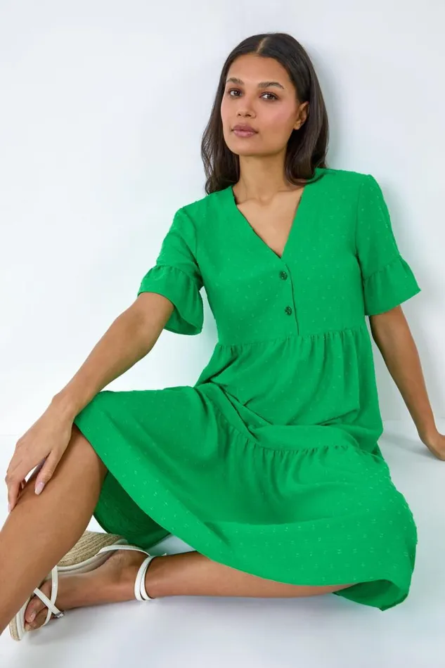 Green Textured Spot Frill Tiered Midi Dress Women Roman Dresses