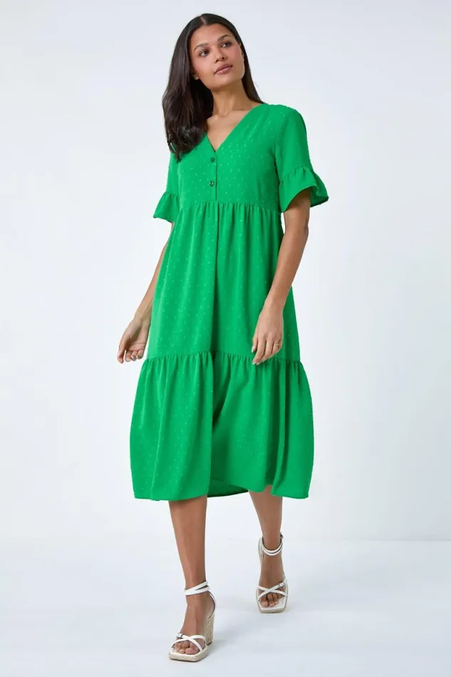 Green Textured Spot Frill Tiered Midi Dress Women Roman Dresses