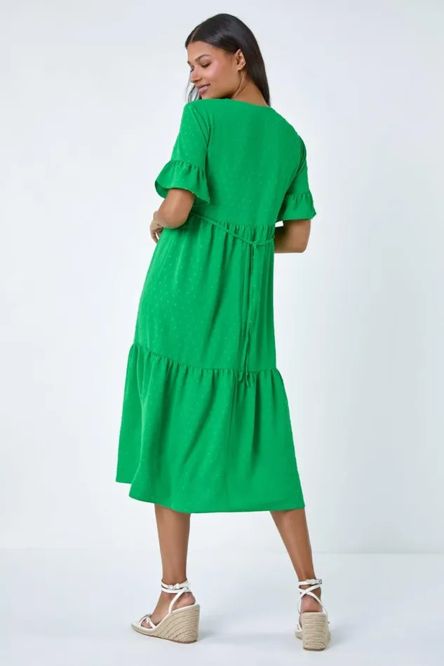 Green Textured Spot Frill Tiered Midi Dress Women Roman Dresses