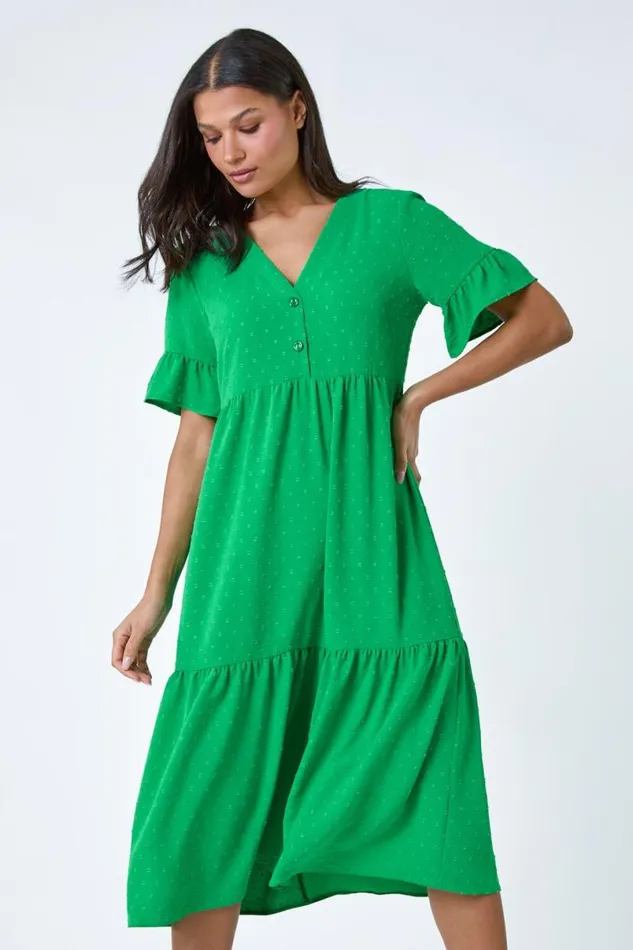 Green Textured Spot Frill Tiered Midi Dress Women Roman Dresses