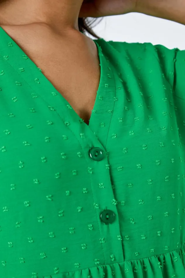 Green Textured Spot Frill Tiered Midi Dress Women Roman Dresses