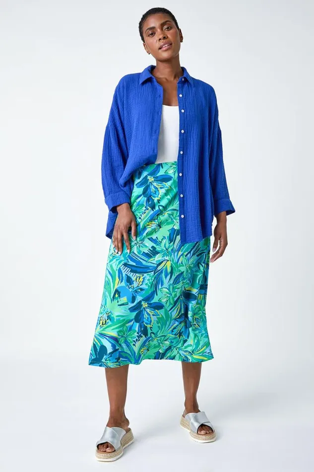 Green Tropical Floral Stretch Panel A Line Skirt Women Roman Skirts