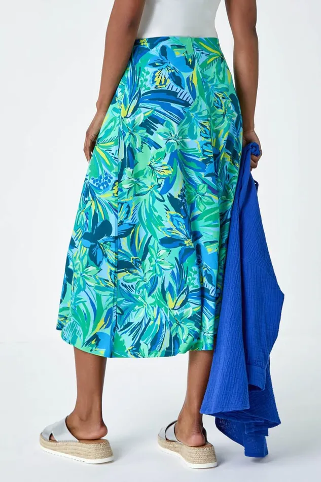 Green Tropical Floral Stretch Panel A Line Skirt Women Roman Skirts