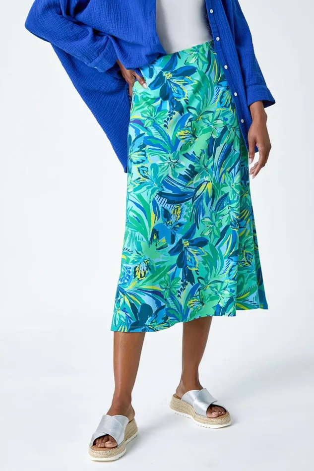 Green Tropical Floral Stretch Panel A Line Skirt Women Roman Skirts