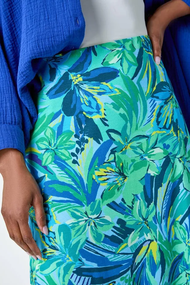 Green Tropical Floral Stretch Panel A Line Skirt Women Roman Skirts