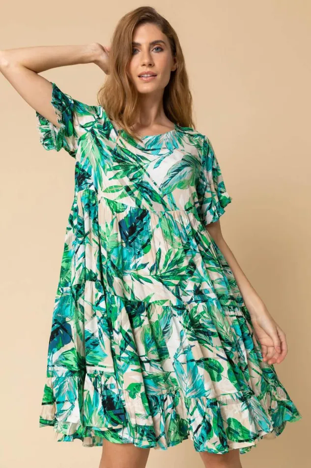 Green Tropical Print Tiered Pocket Dress Women Roman Dresses