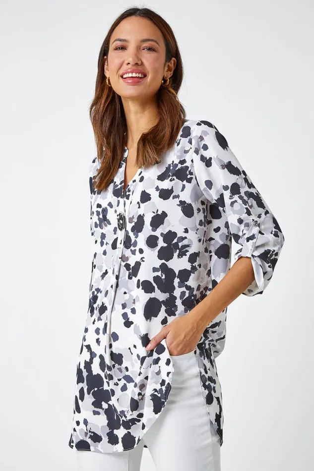 Grey Abstract Print Longline Tunic Top Women Roman Tops