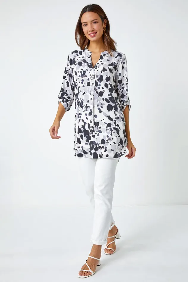 Grey Abstract Print Longline Tunic Top Women Roman Tops