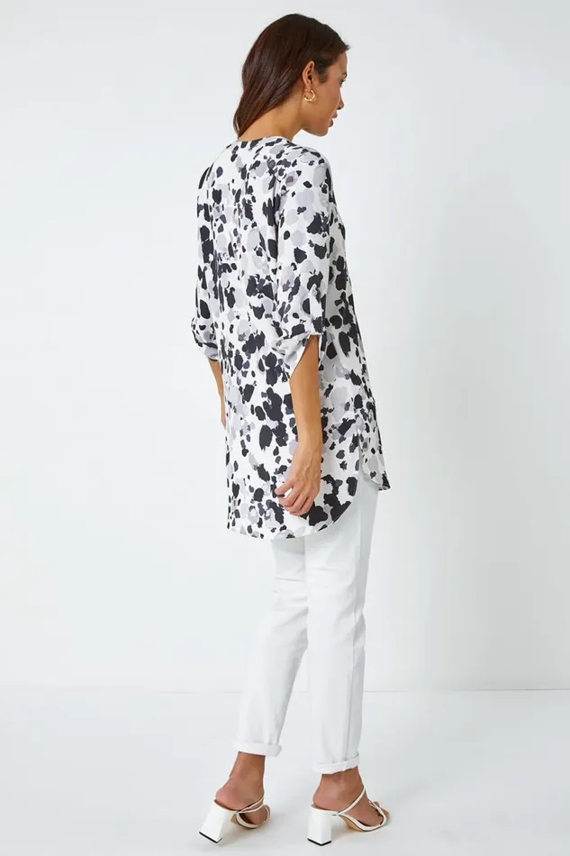 Grey Abstract Print Longline Tunic Top Women Roman Tops