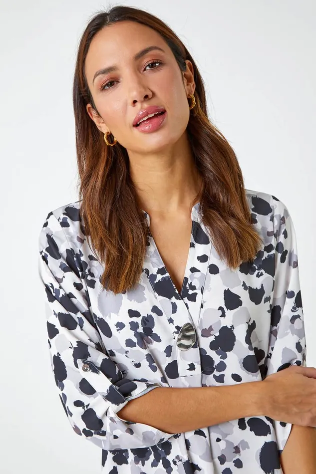 Grey Abstract Print Longline Tunic Top Women Roman Tops