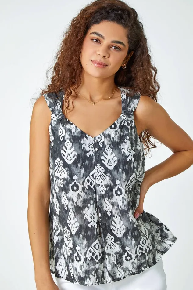Grey Aztec Print Button VNeck Cami Top Women Roman Tops