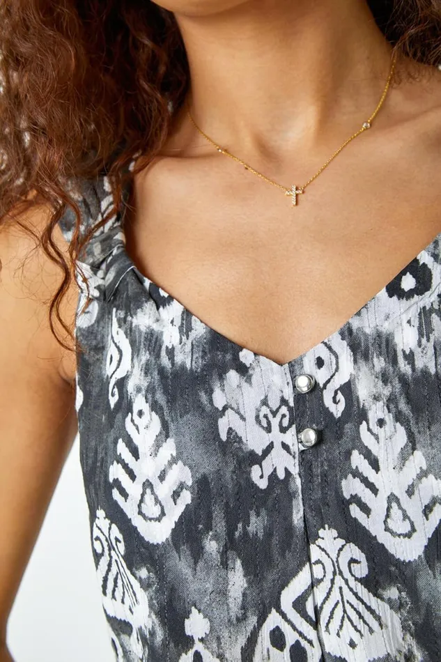 Grey Aztec Print Button VNeck Cami Top Women Roman Tops