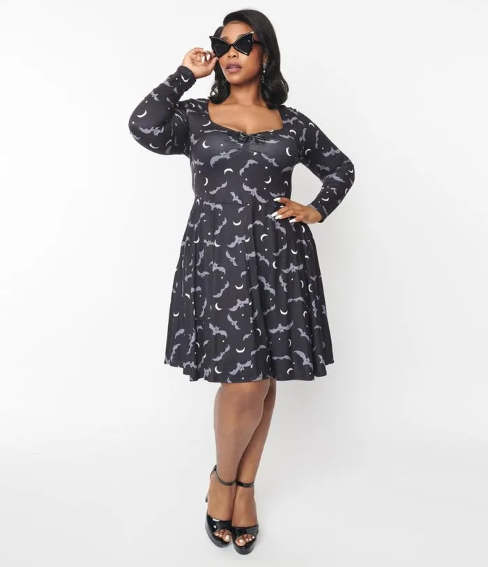 Grey Bat and Moon Hello Gorgeous Flare Dress DressesHalloweenPlus Unique Vintage Dresses Grey Bat and Moon Hello Gorgeous Flare Dress DressesHalloweenPlus Unique Vintage Dresses