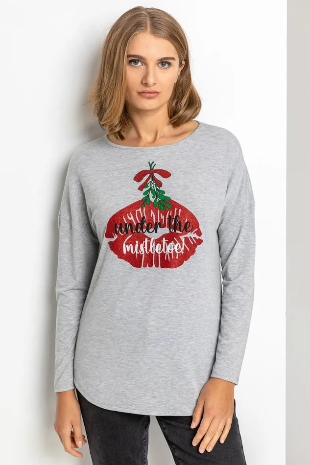 Grey Christmas Mistletoe Motif Jersey Top Women Roman Tops