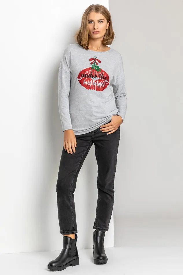 Grey Christmas Mistletoe Motif Jersey Top Women Roman Tops