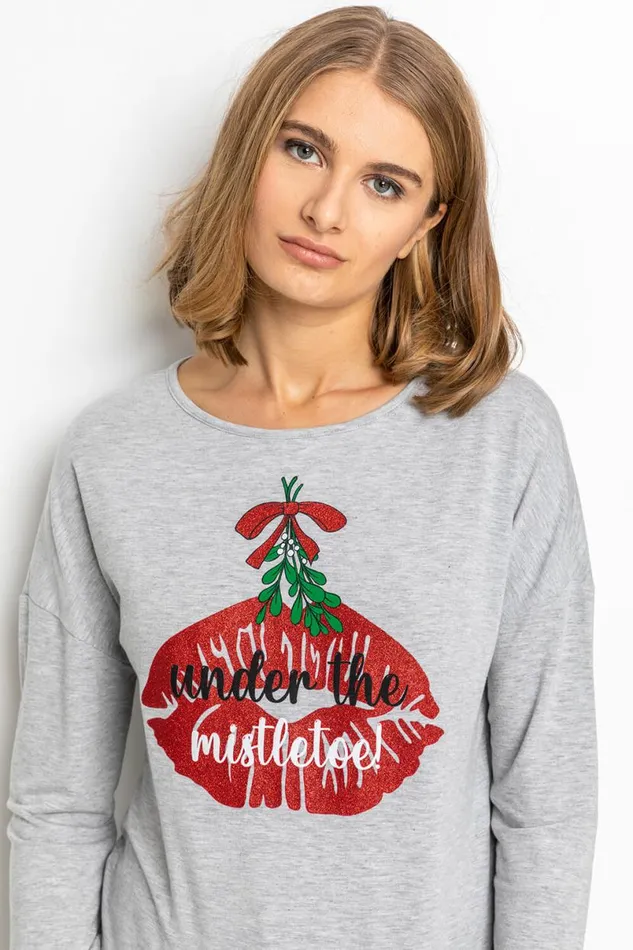 Grey Christmas Mistletoe Motif Jersey Top Women Roman Tops