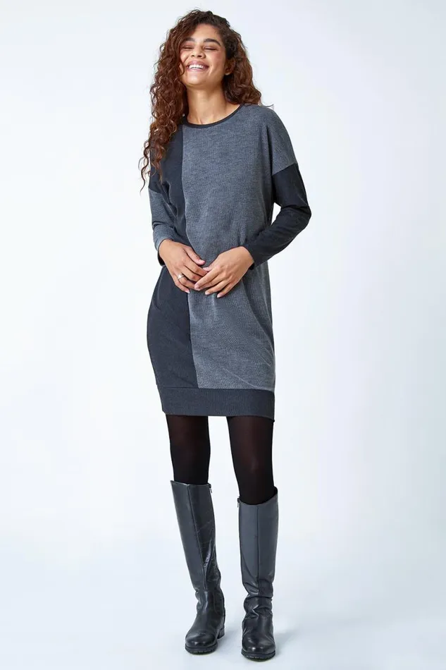 Grey Colour Block Stretch Jumper Dress Women Roman Dresses