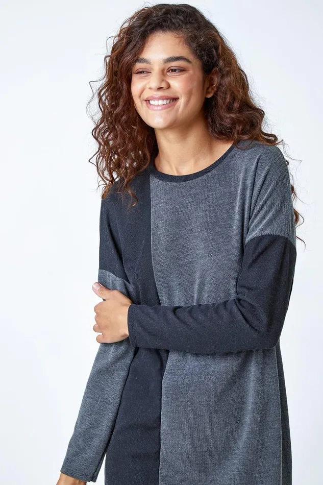Grey Colour Block Stretch Jumper Dress Women Roman Dresses