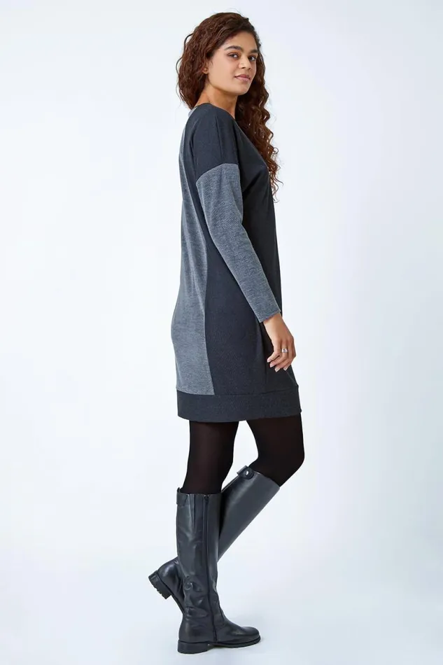 Grey Colour Block Stretch Jumper Dress Women Roman Dresses
