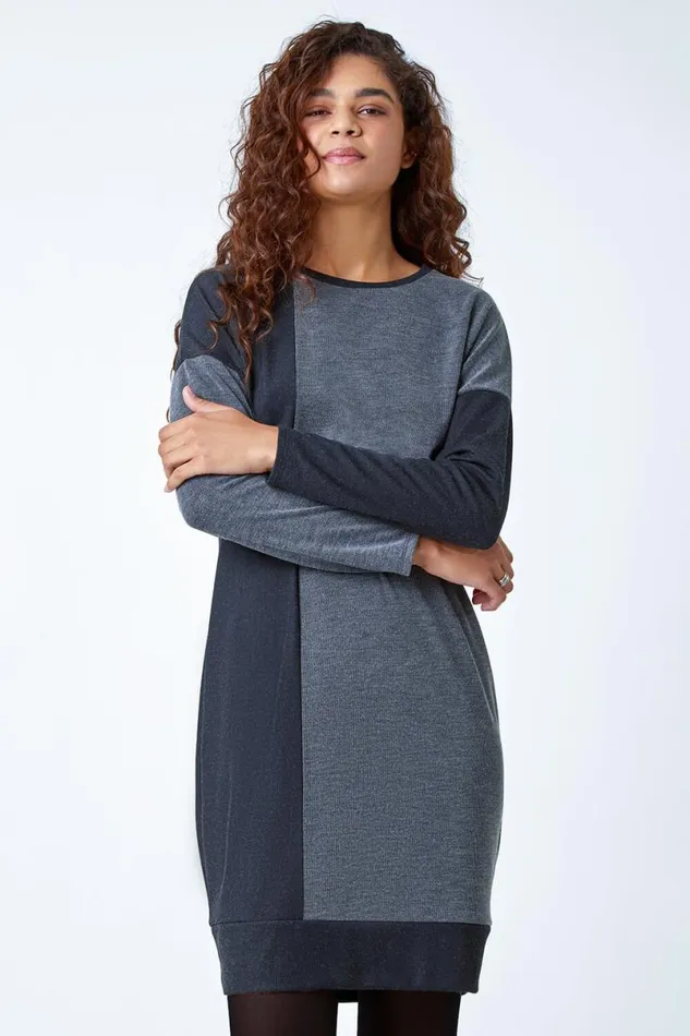 Grey Colour Block Stretch Jumper Dress Women Roman Dresses