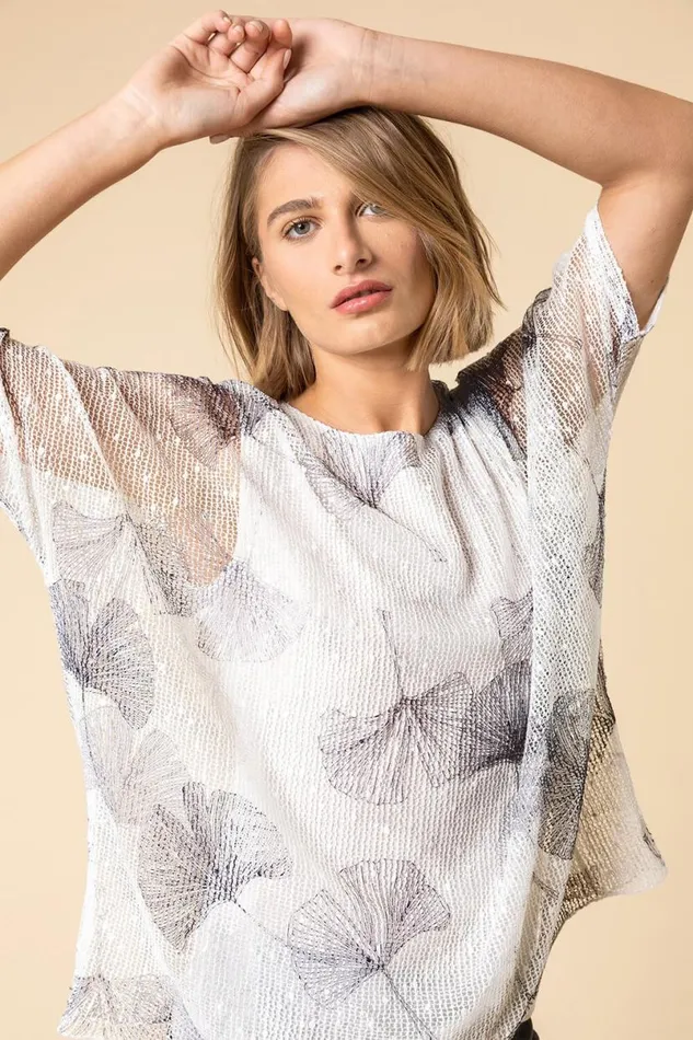 Grey Mesh Overlay Leaf Print Top Women Roman Tops